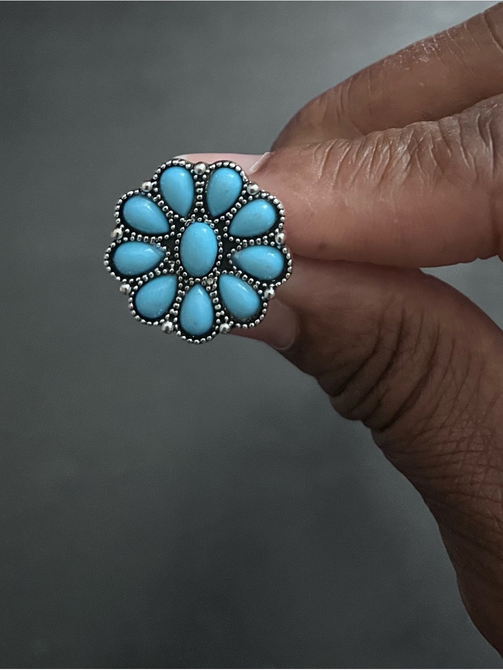 Turquoise Blue Floral Cluster Statement Ring size 7- Women Jewelry